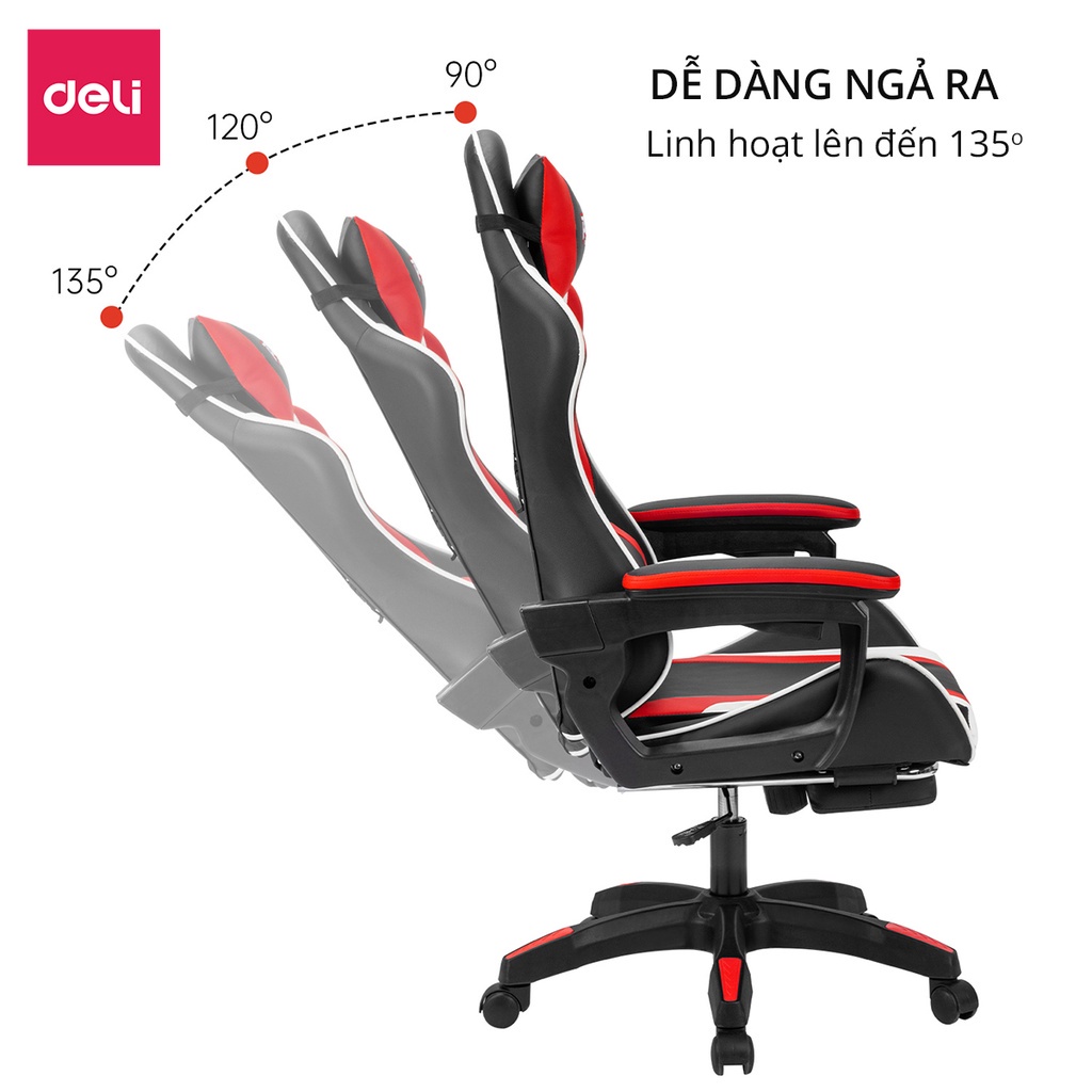 [Cao cấp] Ghế gaming Deli - Dành cho streamer, game thủ chuyên nghiệp. Tựa đầu, gác chân, nâng hạ ngả lưng - E4927