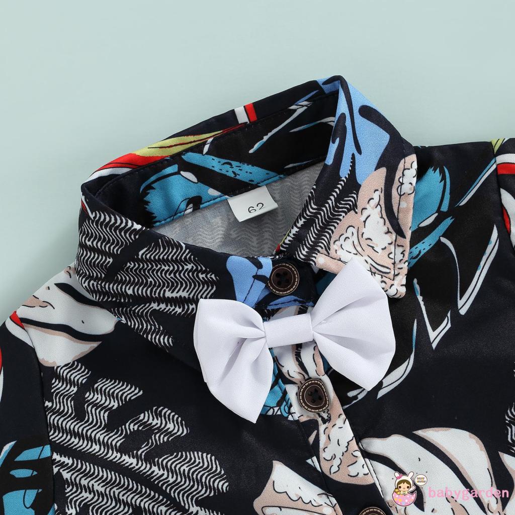 Bộ Áo Liền Quần Tay Ngắn Cổ Bẻ In Họa Tiết Lá Đính Nơ Thời Trang Mùa Hè Cho Bé Trai 0-18 Tháng Tuổi