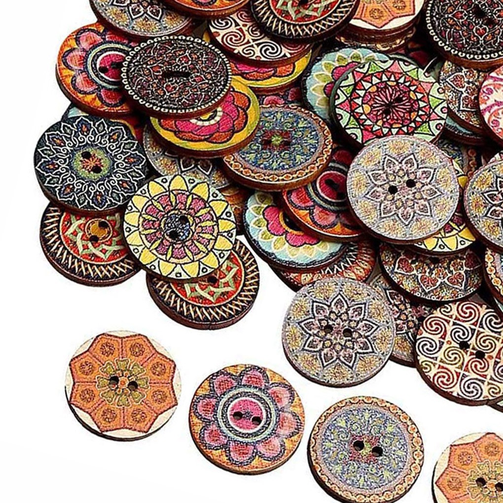Bộ 100 Nút Gỗ Tròn 15mm In Hình Hoa Phong Cách Retro