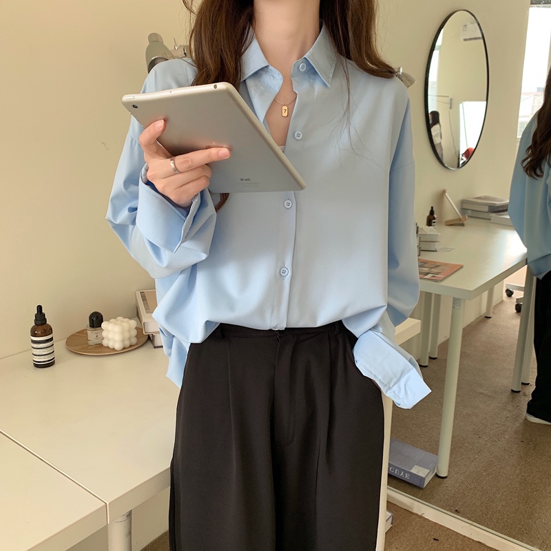 SUXI Áo sơ mi nữ tay dài cổ bẻ đơn giản phong cách Hàn Quốc