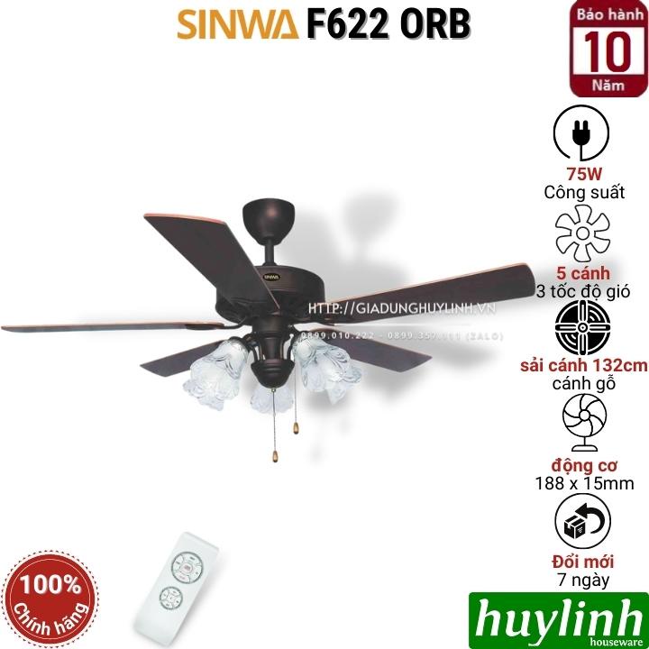 Quạt trần đèn cánh gỗ Sinwa F622 ORB - 5 cánh - Remote