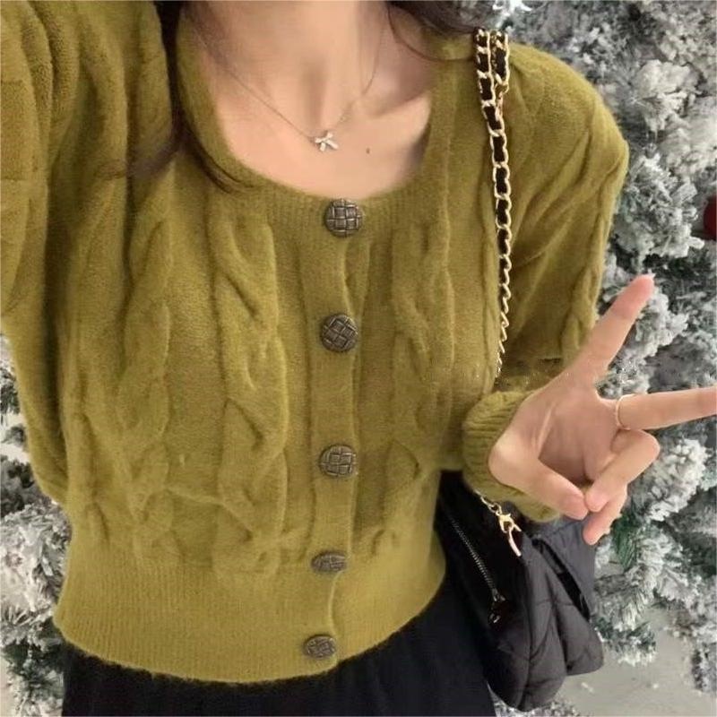 Áo cardigan dệt kim ZHELIHANGFEI tay dài cổ vuông lưng cao thiết kế dễ thương sáng tạo