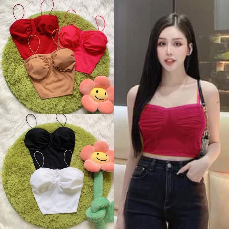 Áo 2 dây mảnh có mút ngực nhún body (có mút ngực) form croptop FreeSize Feedback - Bảo An Shop