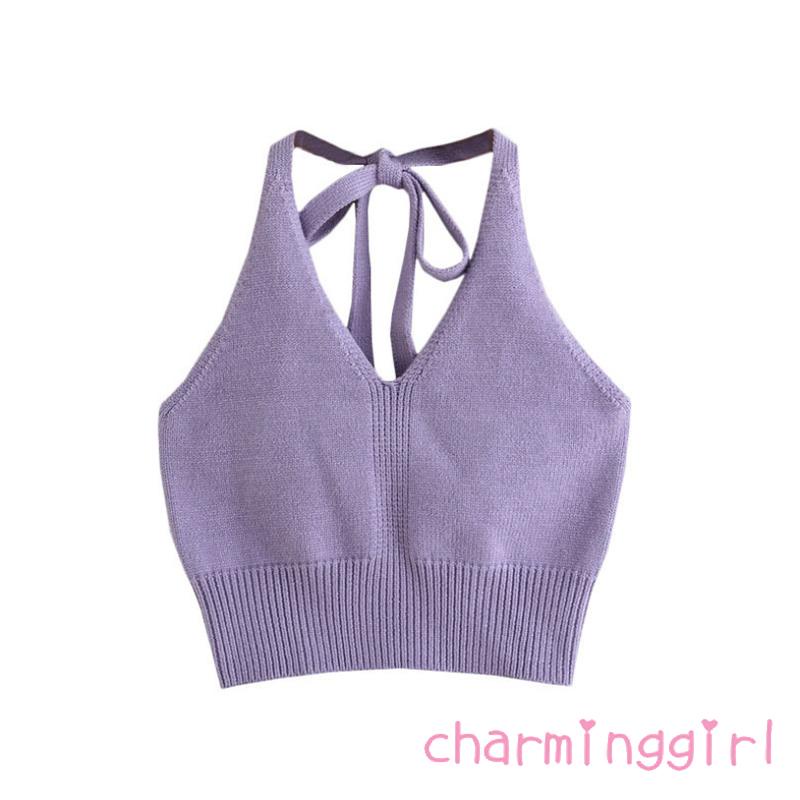 Áo kiểu croptop dệt kim cổ yếm chữ V không tay màu trơn thời trang dành cho nữ