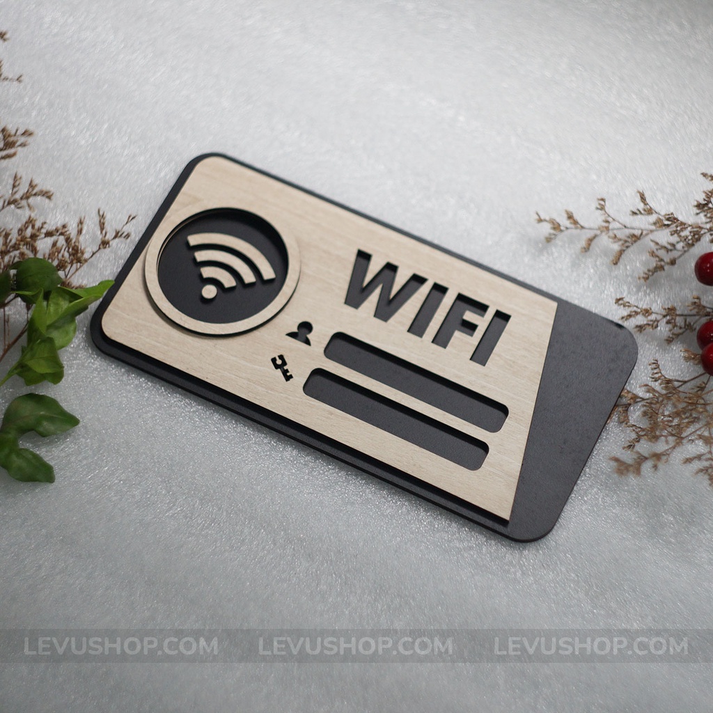 Bảng hiệu thông tin wifi bằng Gỗ khắc laser LEVU-TW03 dán tường trang trí quán