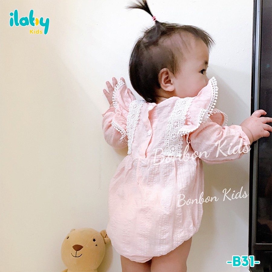 Bodysuit cho bé sơ sinh ILABY thô thêu phối ren vuông từ 3 - 18 tháng tuổi [B31]