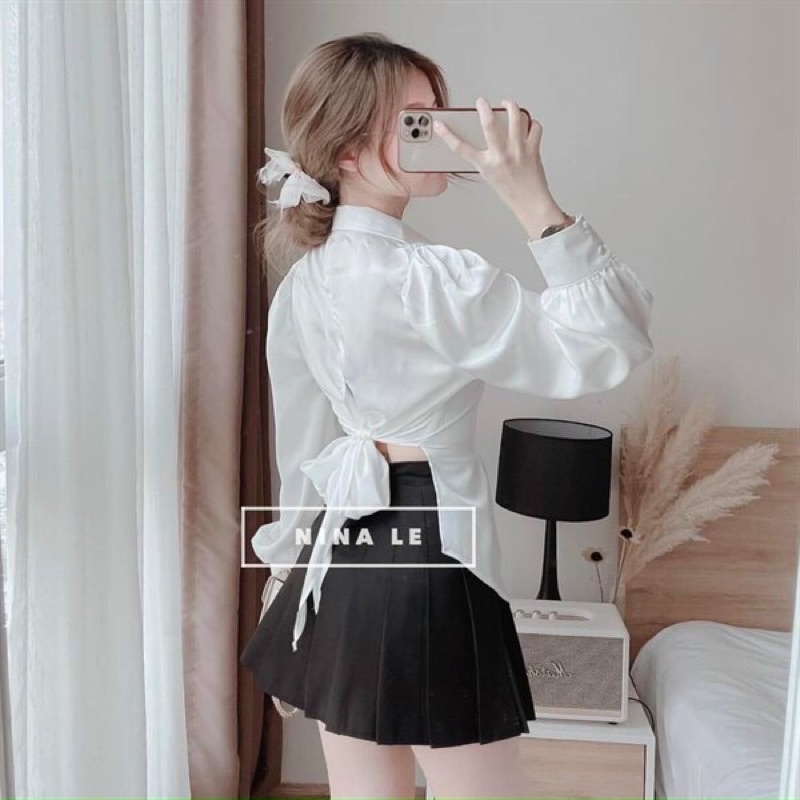 Áo Kiểu Nữ Tay Phồng Cột Nơ Sau Lưng Chất Satin Siêu Hottrend