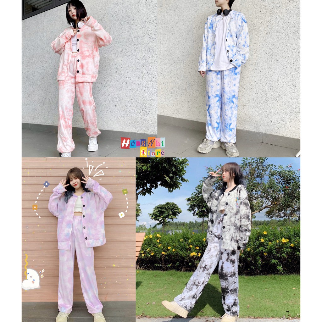 Set Bộ 3D Áo Khoác Hoodie Zip Loang Màu Kèm Quần Jogger Thun Dài Dây Rút Cao Cấp