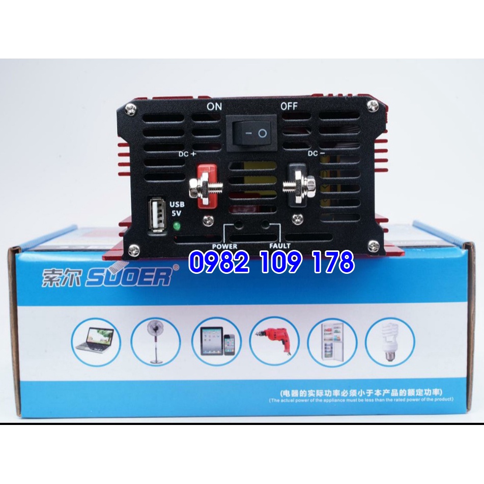 Máy chuyển điện sin chuẩn 500w 12v lên 220v có màn hình hiển thị hãng Suoer - FPC-500AL LCD