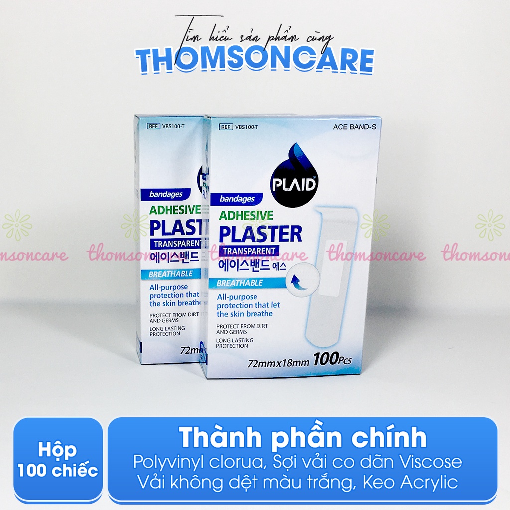 Băng cá nhân trong suốt Plaid Adhesive, băng dính vết thương thẩm mỹ, che mụn  hộp 100 miếng chống nước