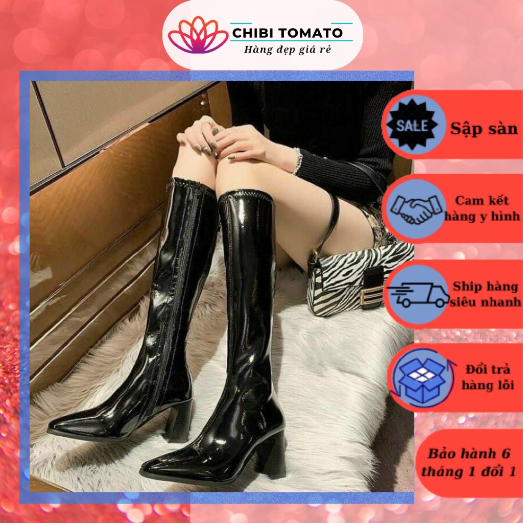 Bốt cao cổ, boots nữ đến đùi kiểu dáng thời trang boot nữ da PU siêu bóng siêu hót TOMATO-B01