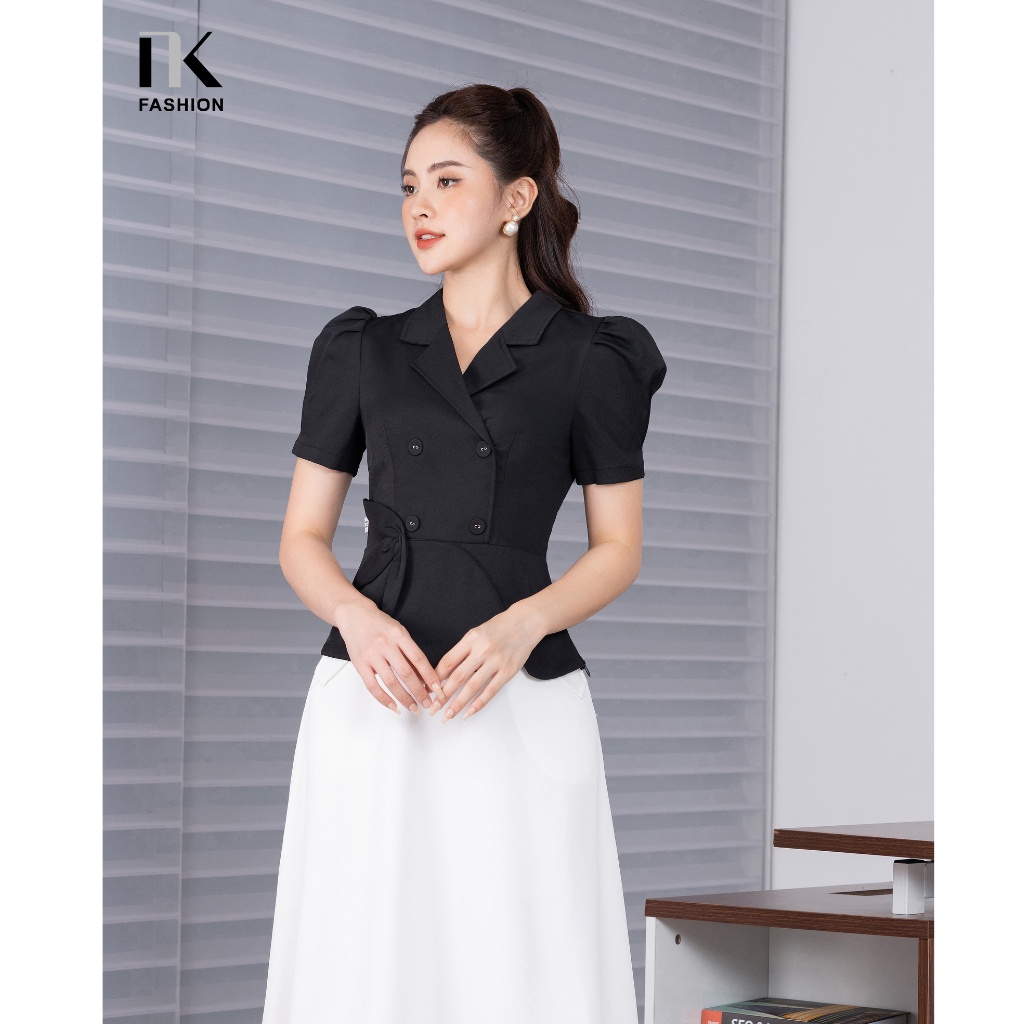 Áo Sơ Mi Nữ NK Fashion Thiết Kế Giao Cúc Cổ Vest Kết Hợp Tay Bồng Chiết Eo, Chất Liệu Nhập Hàn Cao Cấp NKSM2205003