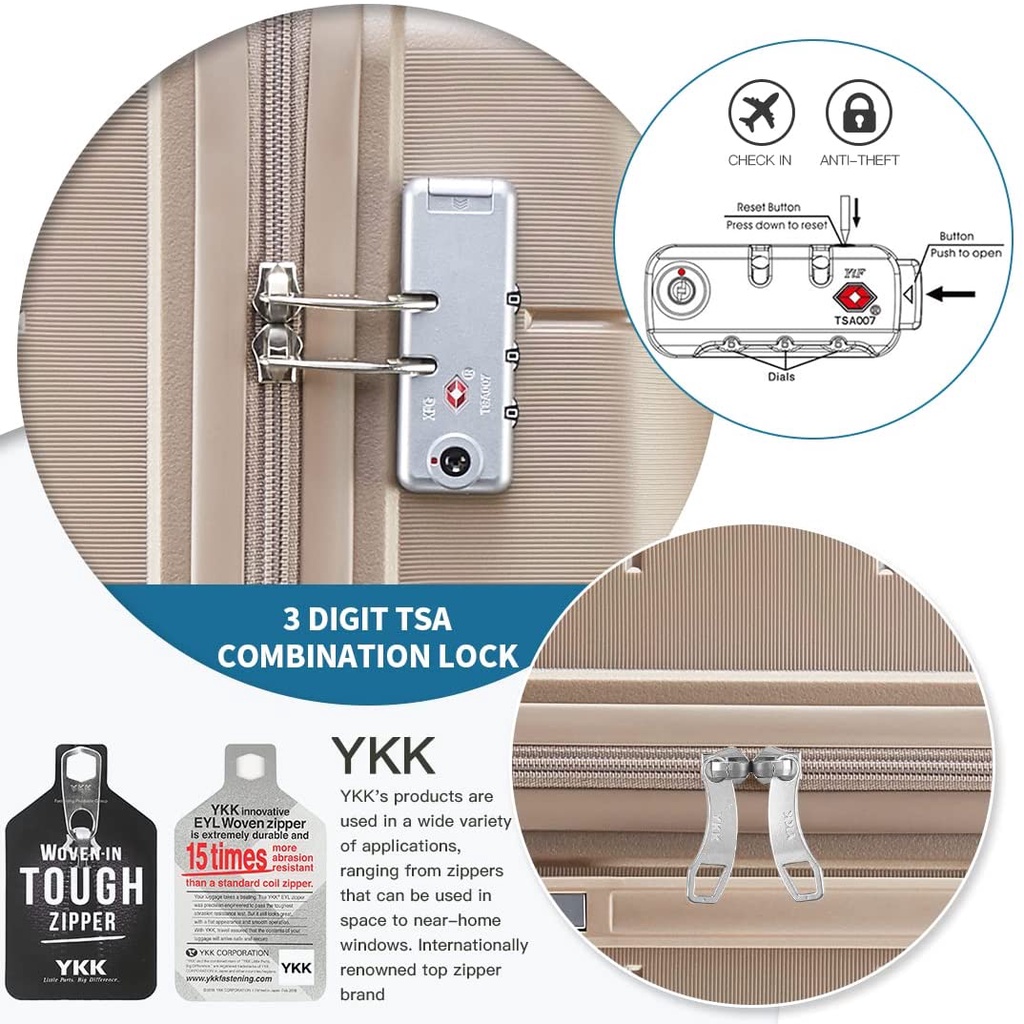 Vali du lịch Cao Cấp Sea Choice 1921 Nhựa PP nhẹ Size 14+20/24/28'' 7 màu khóa số TSA và dây kéo YKK 4 bánh quay 360 độ