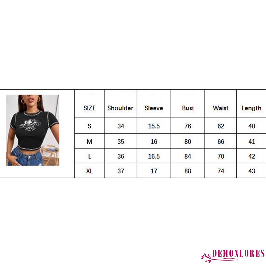 Áo croptop ngắn tay cổ tròn phối đường chỉ may màu tương phản và họa tiết thiên thần nhỏ sành điệu cho nữ