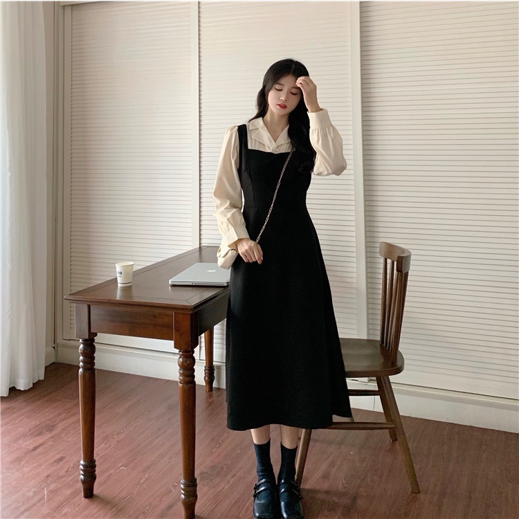 Đầm Chữ A Tay Dài Màu Sắc Tương Phản Phong Cách Hàn Quốc Dành Cho Nữ