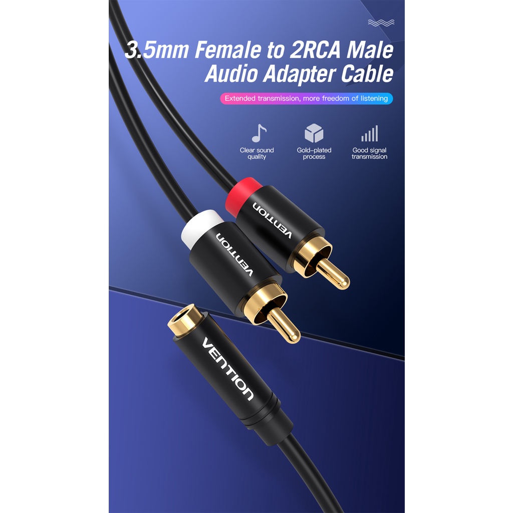 Dây cáp 3.5mm cái ra 2 đầu hoa sen RCA đực dài 1.5M mạ vàng cao cấp Vention VAB AV111