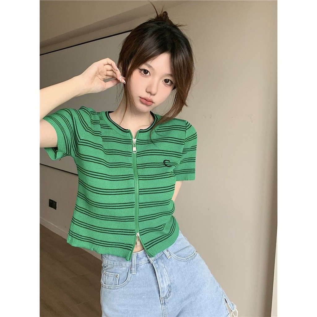 Áo Cardigan Dệt Kim Tay Ngắn Họa Tiết Kẻ Sọc Thời Trang Mùa Hè Xinh Xắn Cho Nữ