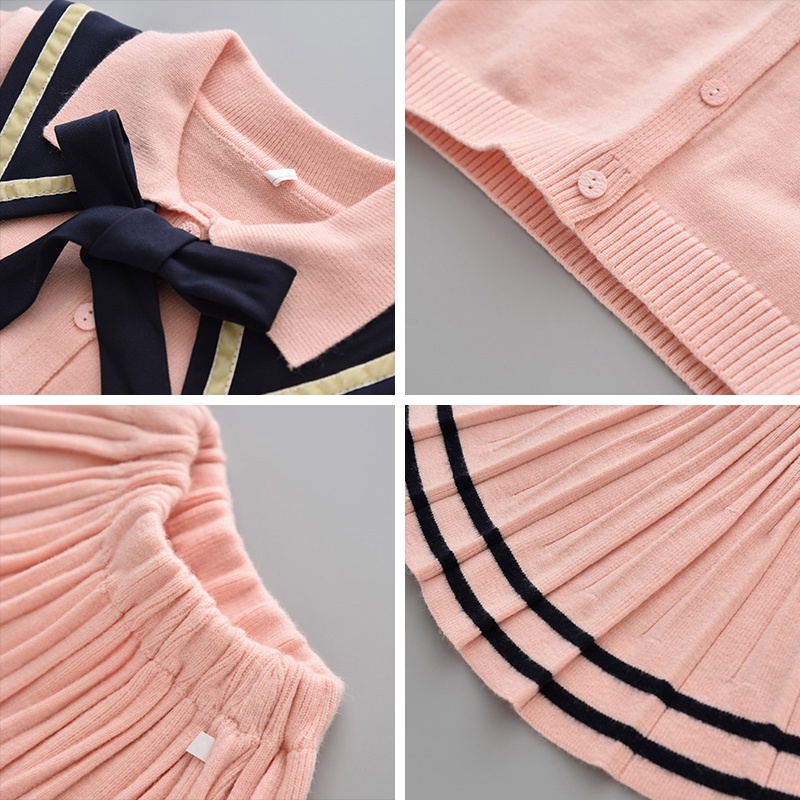 BEAR LEADER Bộ Áo Sweater Dệt Kim Đính Nơ + Chân Váy Dệt Kim Thời Trang Cho Bé Gái 2-6 Tuổi