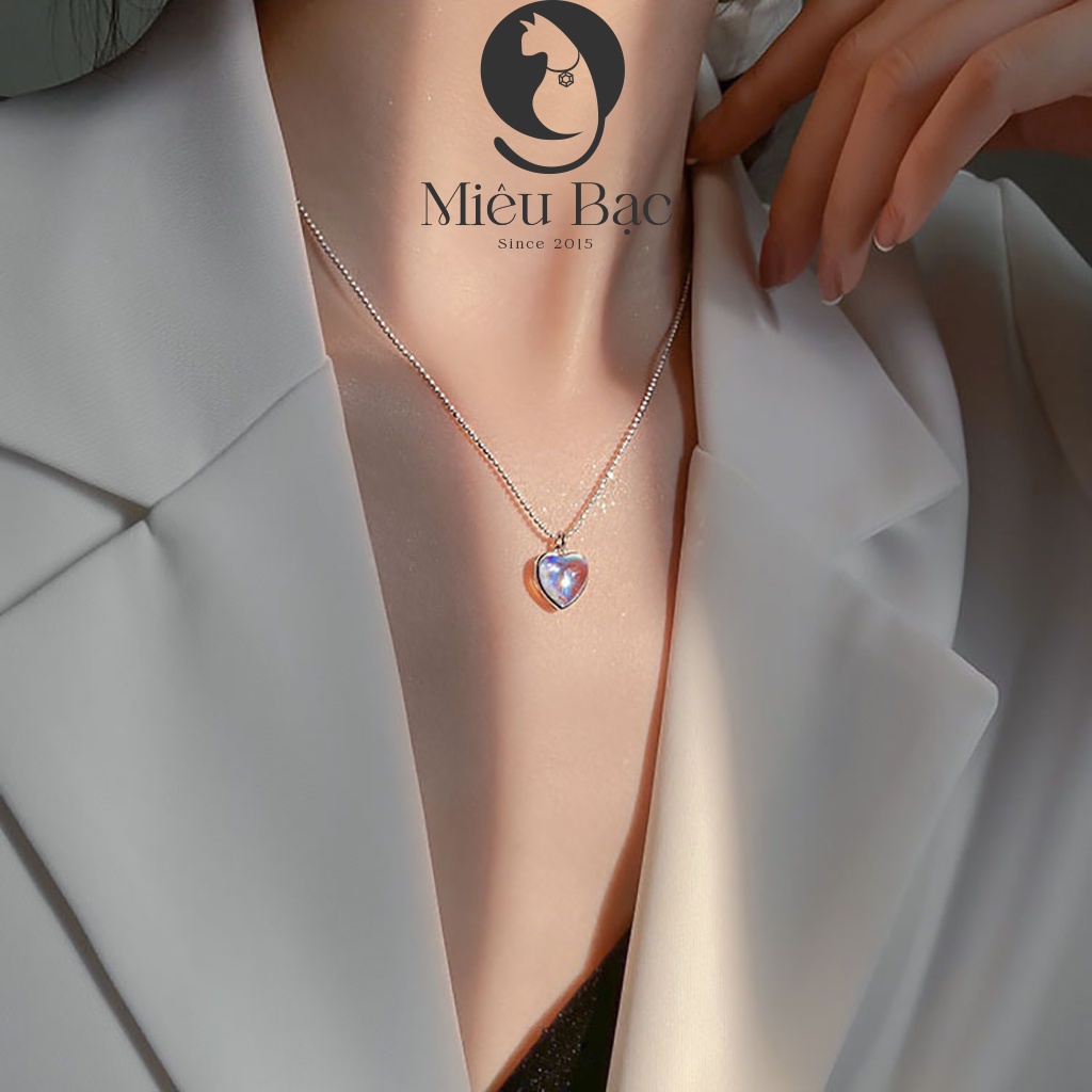 Dây chuyền trái tim đá mặt trăng moonstone chất liệu bạc Thái trang sức phụ kiện Miêu Bạc D000041
