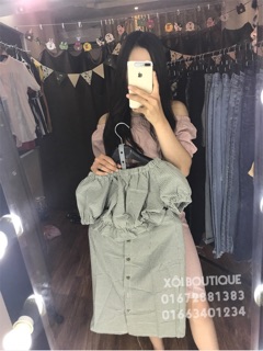 Set kẻ áo + chân váy cúc