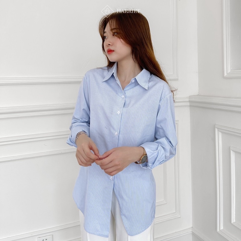 Áo sơ mi nữ kẻ xanh vạt chéo Skyline Harriet