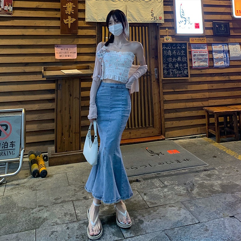 COZOK Chân váy dài lưng cao phối bèo thiết kế thanh lịch cho nữ