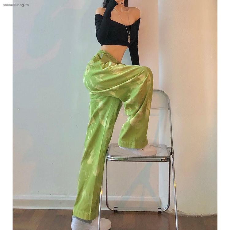 Quần dài lưng cao ống rộng màu xanh bơ phong cách Harajuku trẻ trung/ Vớ cho nữ