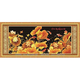 Tranh thêu chữ thập Cửu ngư quần hội cá sen vàng N0040