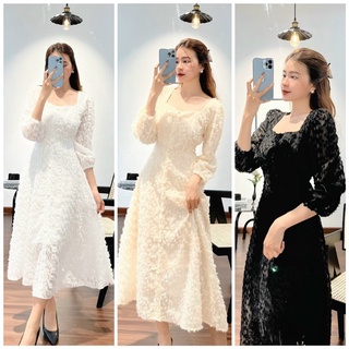 Đầm công sở 🍏Đầm dự tiệc phom xoè cổ vuông lông vũ tay lỡ