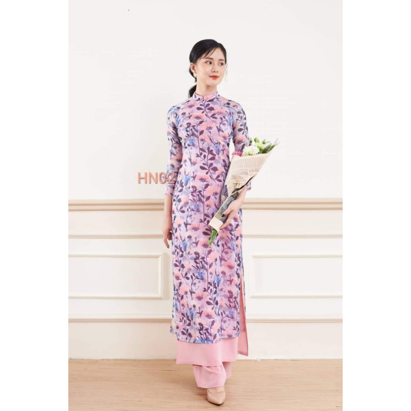 Áo dài 4 tà hoa nhí, quần đồng chất xinh yêu