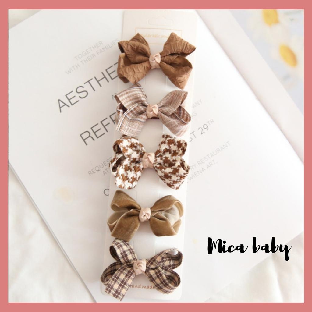 Set 5 kẹp tóc nơ bọc vải phong cách hàn quốc xinh xắn cho bé gái KT27 Mica Baby