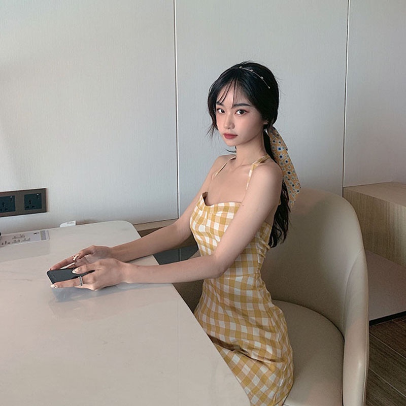 Đầm IELGY dáng chữ A không tay họa tiết sọc caro phong cách retro thời trang cho nữ