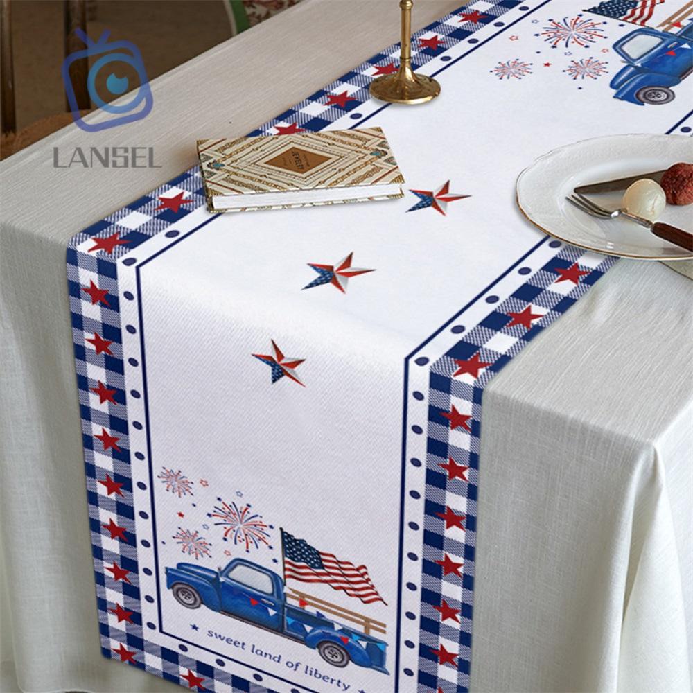 ❤LANSEL❤ 13x72inches Kitchen Dining Table Runner American Stars 4th of July Tablecloth Red Truck Patriotic Independence Day Table Decor Party Decorations American Flag