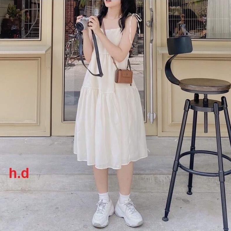Váy hai dây buộc nơ vai hai màu basic dáng suông xòe tiểu thư dễ mặc freesize phom rộng đi biển