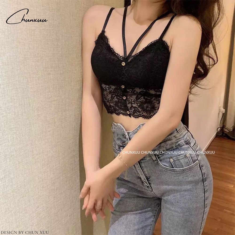 Áo bra ren 2 dây vải ren mềm phối cúc đệm ngực dày vừa sexy gợi cảm ChunXuu - BR20