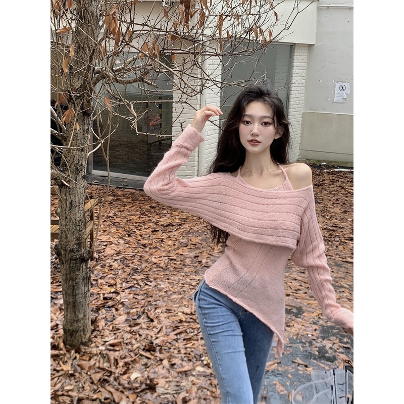 HUANG YOYO Bộ Áo sweater Dáng Ôm Vạt Lệch Phối Quần Dài Thời Trang Mùa Thu Cho Nữ
