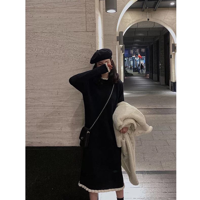 Đầm ZHELIHANGFEI dệt kim tay dài phong cách hepburn sang trọng dễ phối đồ