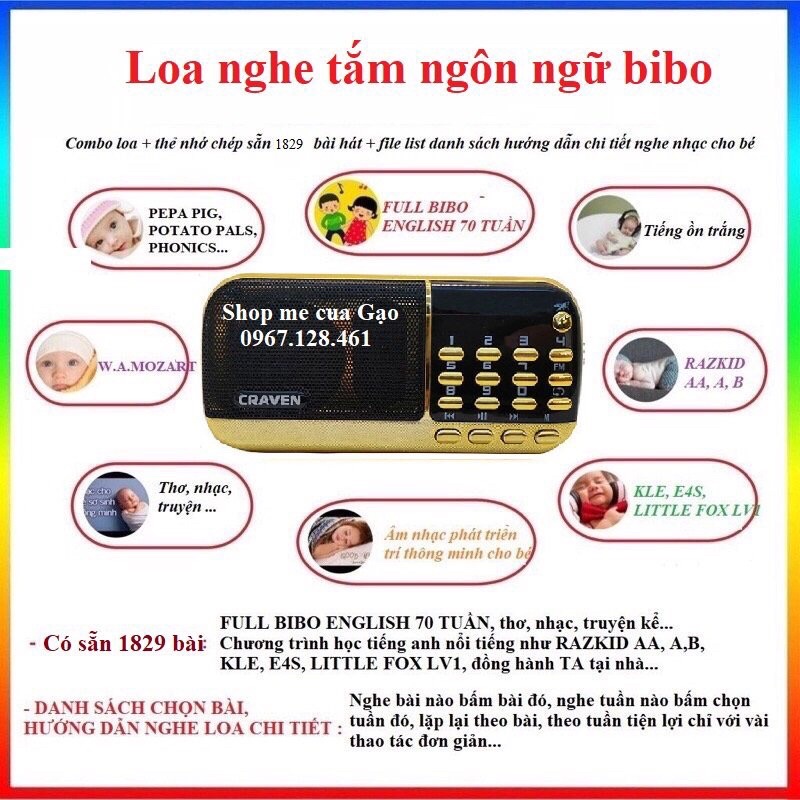 Loa nghe tắm ngôn ngữ bibo/ loa học tiếng anh bibo english caraven 3 pin 853
