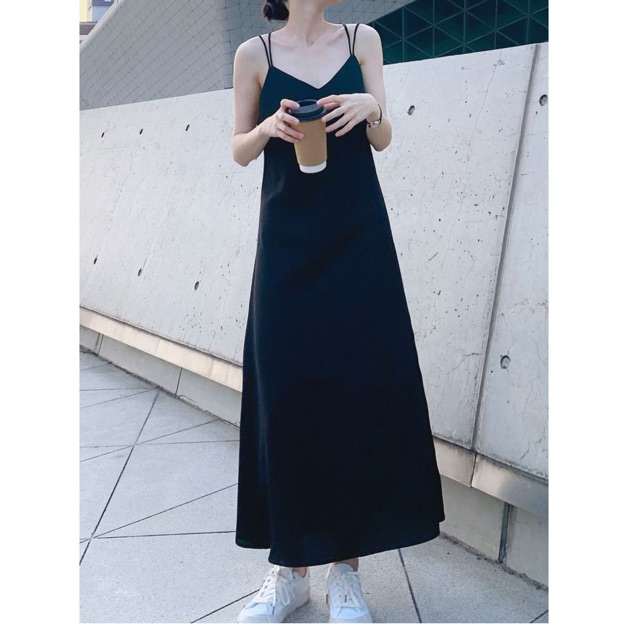 Đầm suông maxi ulzzang tơ lụa thiết kế retro hiện đại _ Váy 2 dây suông màu đen tơ lụa dáng dài  LIOLA có Bigsize