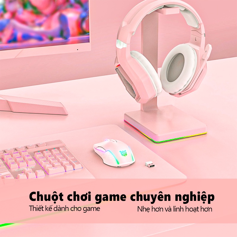 Chuột chơi game bluetooth không dây có thể sạc lại ONIKUMA CW905 màu hồng với đèn RGB, có thể điều chỉnh DPI 5 tốc độ