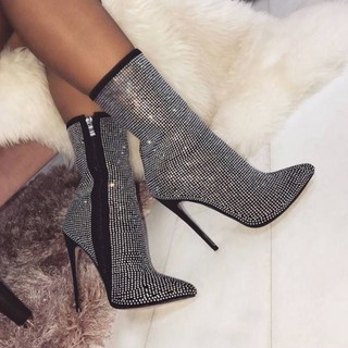 Giày boot cao gót mũi nhọn đính đá phong cách trẻ trung dành cho nữ