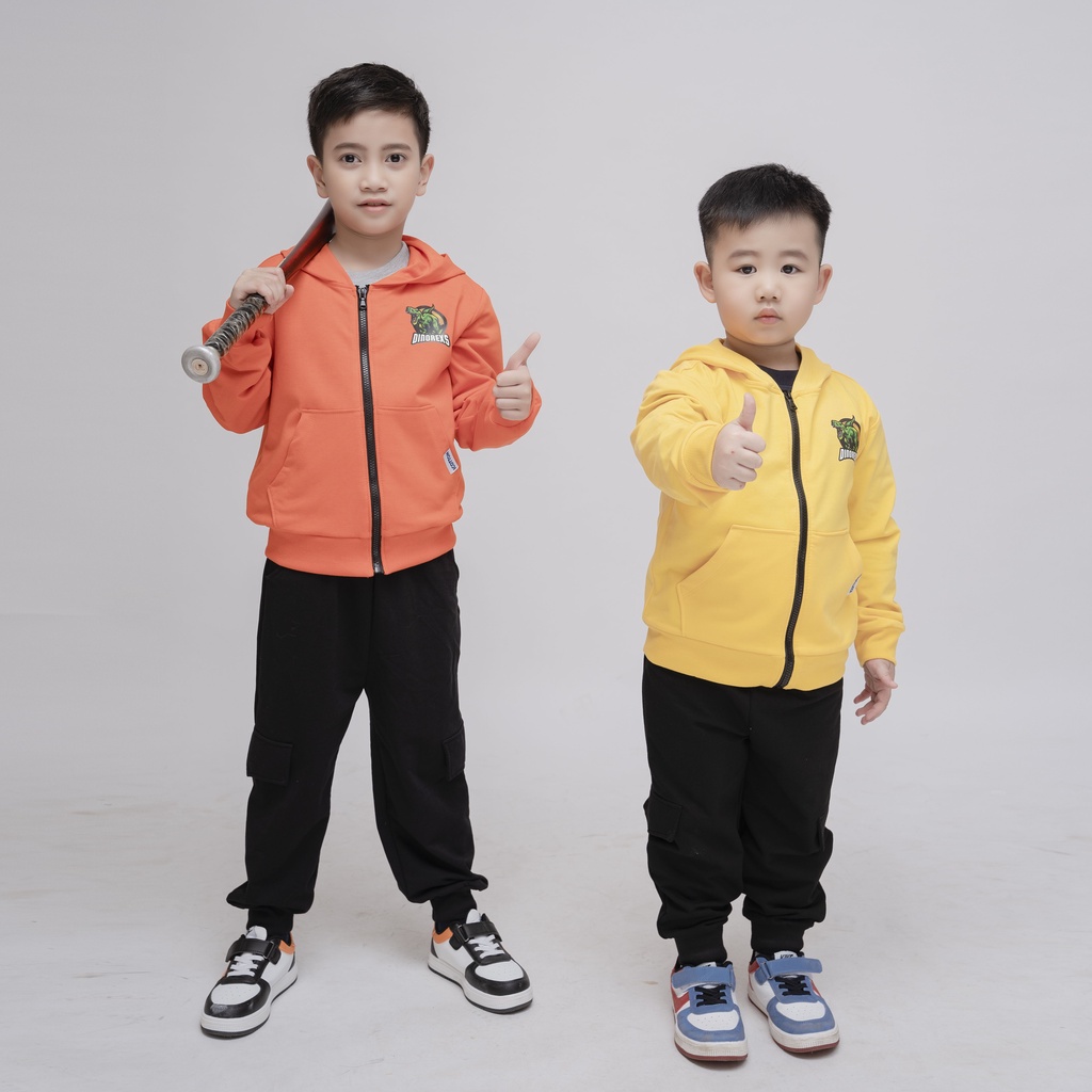 Bộ quần áo hoodie kéo khoá Icotton hình Khủng long màu Cam