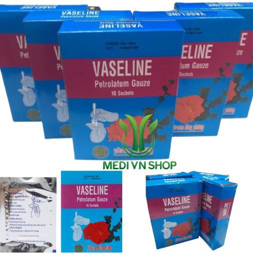 Gạc Vaseline - Làm Mềm (Dịu) Da Bị Bỏng, Té Xe (Hộp 10 Miếng)