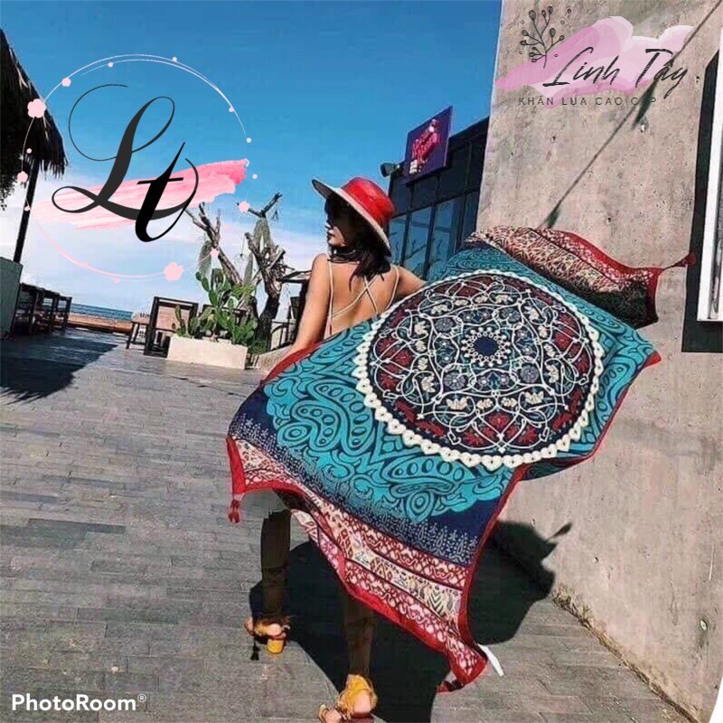 Khăn Boho Khăn Choàng Nữ Đi Biển Chống Nắng Khăn Thổ Cẩm Khăn Lụa Du Lịch Xanh Đen Cao Cấp Linh Tây 180*90