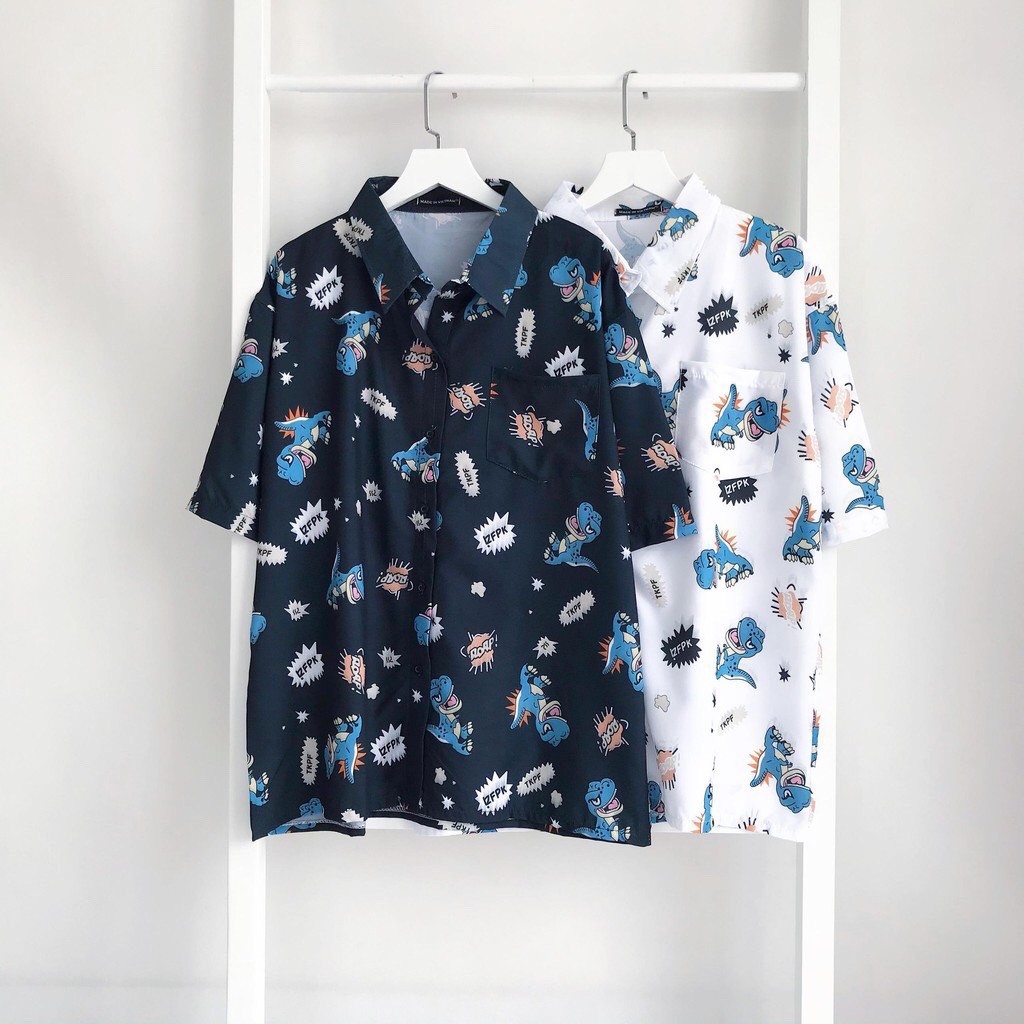 Áo sơ mi tay ngắn form rộng in hình khủng long dễ thương cá tính siêu hot giá rẻ
