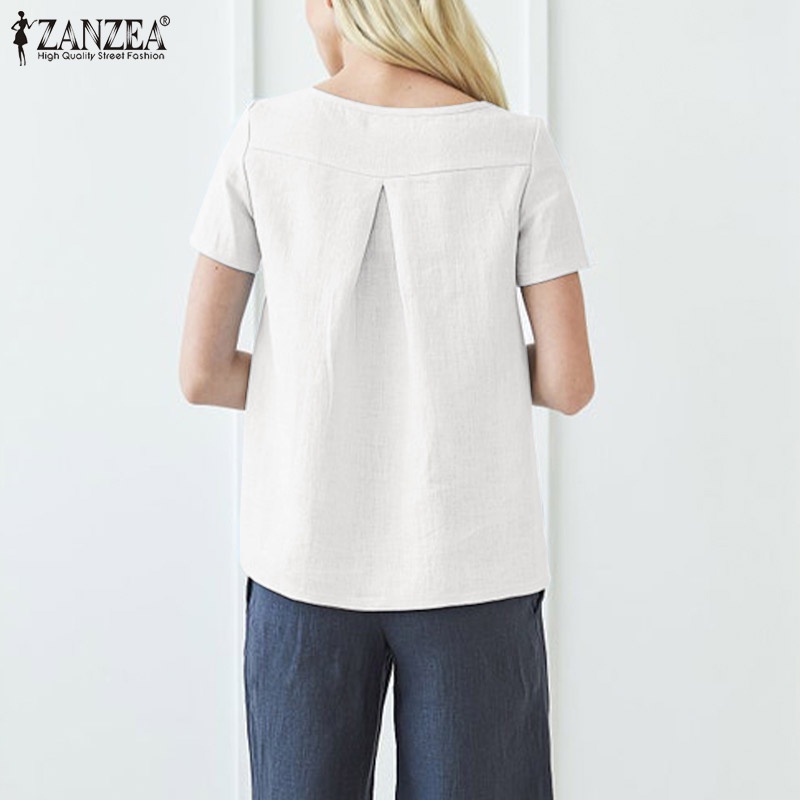 Áo thun nữ Zanzea ngắn tay cổ tròn màu trơn phong cách vintage