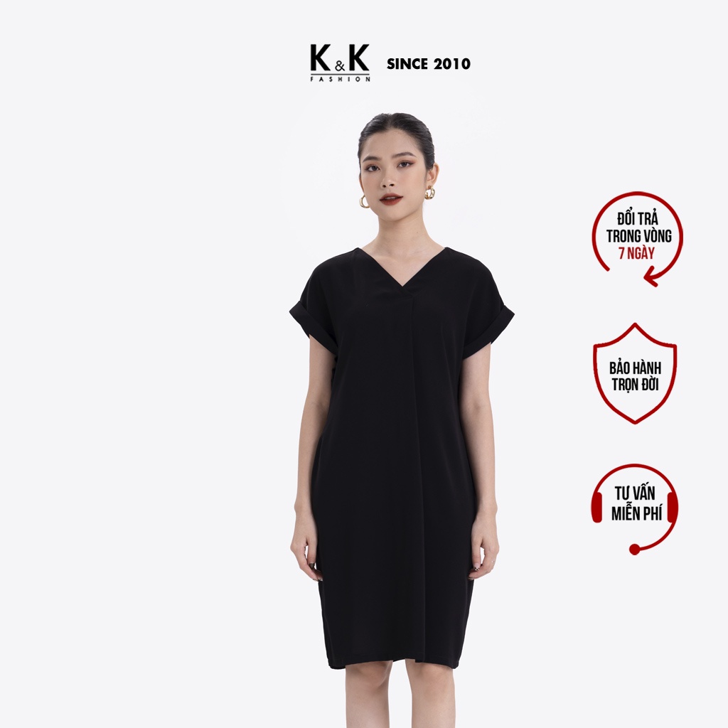 Đầm Suông Đen Cổ V Tay Hến K&K Fashion HL18-18 Chất Liệu Cotton Hàn