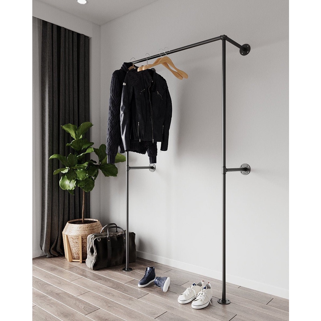 Kệ ống nước treo quần áo, Giá treo đồ gắng tường 2 tầng Decor Shop quần áo, quán cafe