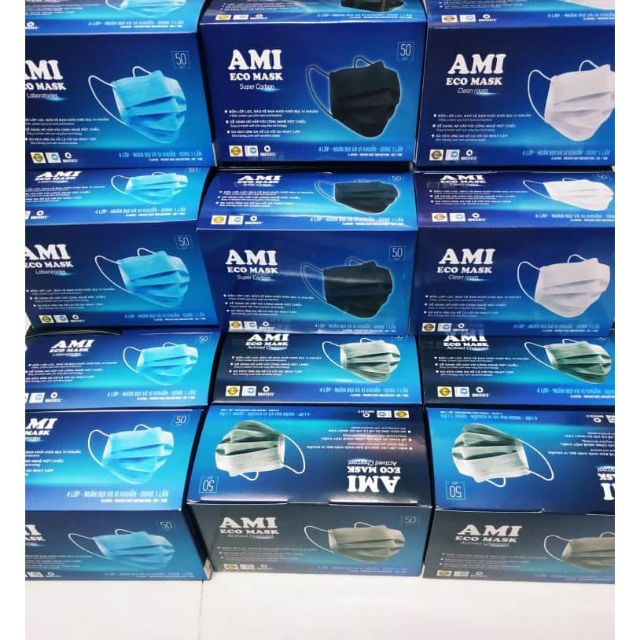 Khẩu trang y tế 4 lớp Ami hộp 50 cái hàng chuẩn có dập chữ