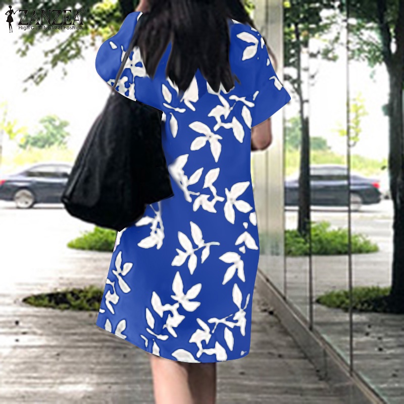 Đầm lửng ZANZEA tay ngắn cài nút phía sau phong cách vintage thời trang cho nữ